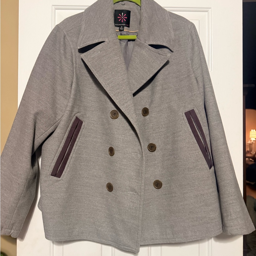 Isaac Mizrahi Gray Pea Coat with Brown Accents